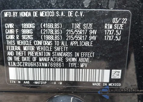 2022 Honda Hr-V Lx из США, поврежденный, VIN 3CZRU6H3XNM769861